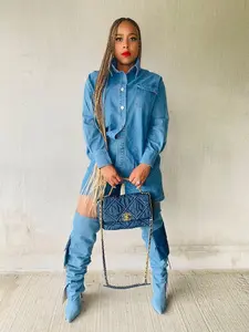 Think Twice | Short Set - Denim Two Piece Set with Non-Stretch Top & High Waisted Stretchy Shorts
