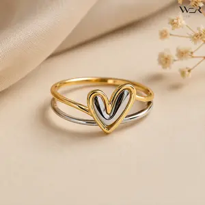 Two Tone Gold Silver Heart Shaped Romantic Modern Minimalist Finger Ring Symbolic Love Connected Forever Lightweight Polished Finish for Women Men Anniversary Birthday Gift