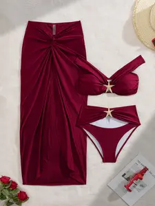 New Fashion Bikini Set, Elegant Wine Women's Swimwear, Ruched Halter Swimsuit, Starfish Metal Accessory, Halter Two-Way Top, Hollow Out Bottoms, Side Slit Skirt