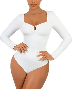 FeelinGirl Body Suits for Womens Long Sleeve Thong Shapewear Bodysuit Sweetheart V Neck Top Shirt