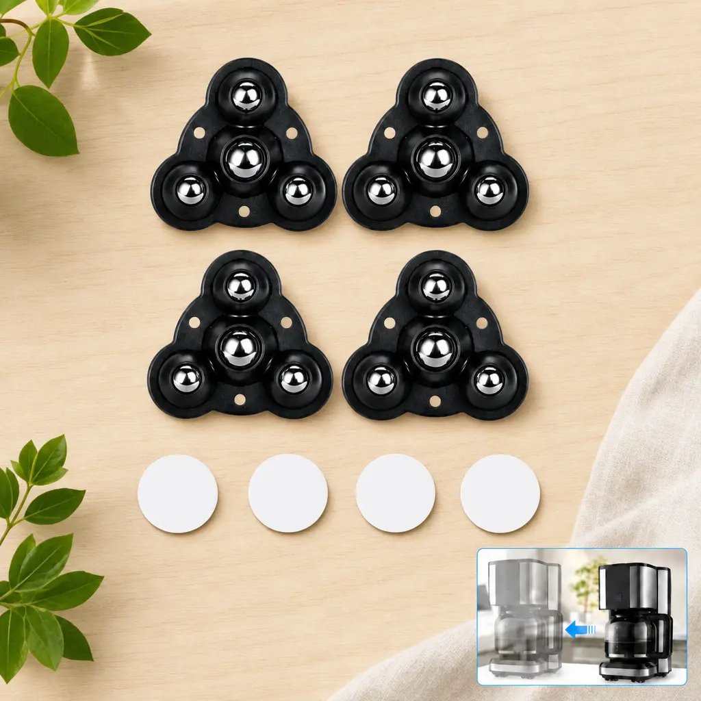 4Pcs Self Adhesive Caster Wheels, Mini Swivel Universal Ball Rollers with Stainless Steel Balls, Stick on Low Profile Furniture Wheels for Storage Boxes, Kitchen Appliances, Trash Cans, Flower Pots, Shelves, Home, Office, Dorm and DIY Use