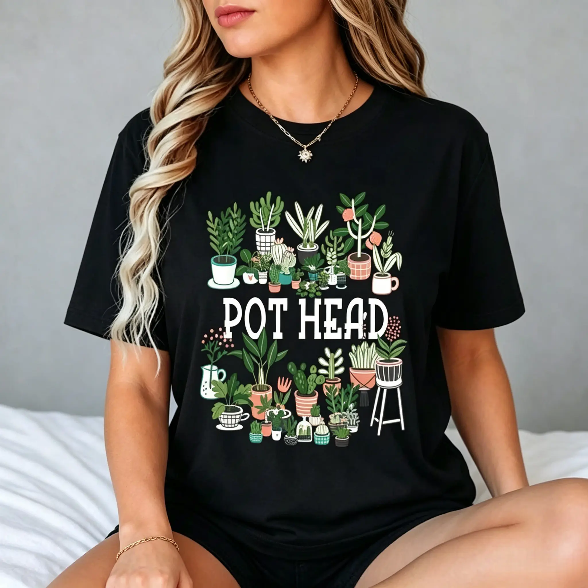 Women's Cotton Short-Sleeve T-Shirt Tops - Plant Lover Themed Pot Head Succulent Prints, Loose Breathable Comfortable Soft Casual Day Wear Garment, Shortsleeve, Fit, Women's T Shirts, Thanksgiving