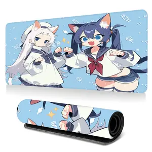 Kawaii Nekomimi Twins Neko Girls Extended Gaming Mouse Pad, 1 Count Large Keyboard Mouse Mat, Large Non-slip Rubber Base Mouse Mat with Stitched Edges, Perfect Gift for Gamers Men Women, Home Office Desk Accessories
