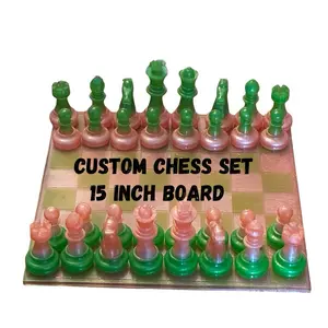 Chess Set custom made. Pink and green set.  Includes the 15in board and hand made pieces. Made with a resin | epoxy mix.