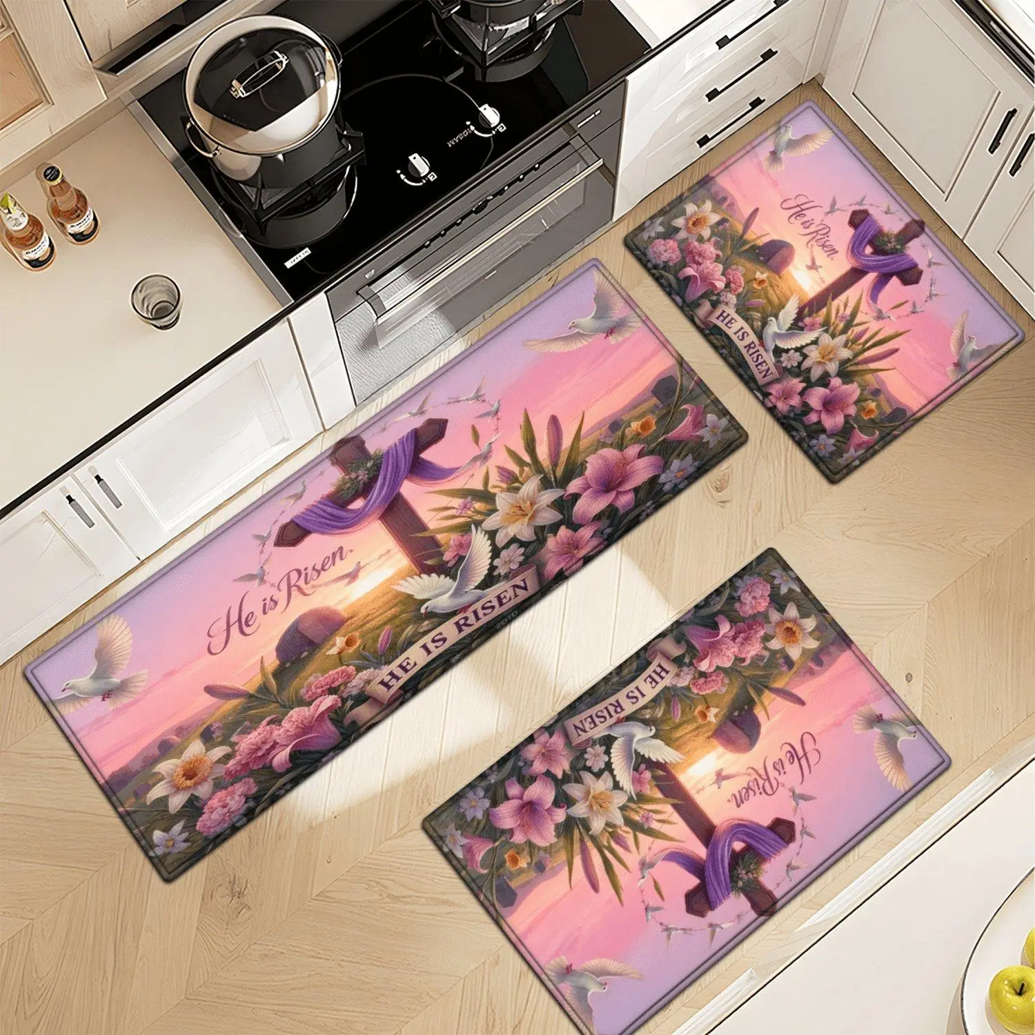 1pc Soft Flannel Floor Mat Easter Cross and Dove Religious Pattern Non Slip Water Absorbent Washable for Laundry Room Home Decor Rug