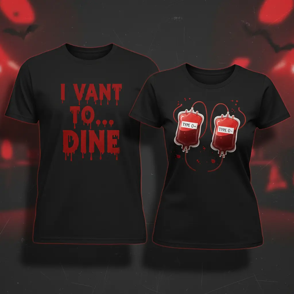 Matching Vampire Couple T-Shirts “I Vant To Dine” & Blood Bag Print – Funny Halloween Gift Tees for Couples - Cotton Fabric