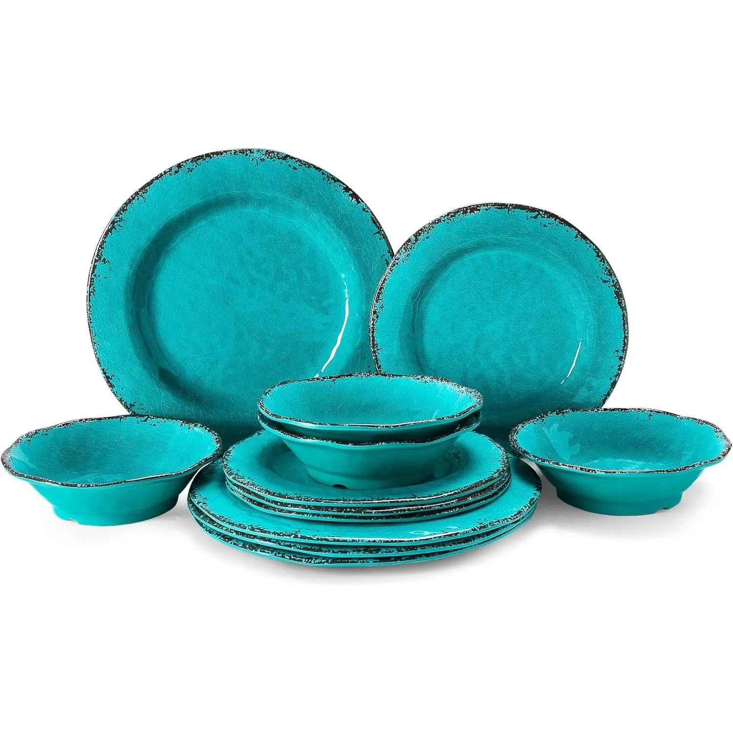 12 count Vintage  Dinnerware Sets Include 4 Dinner Plates, 4 Salad Plates and 4  Service for 4, Unbreakable Farmhouse Dishes and  Suitable for Indoor and Outdoor Use Teal