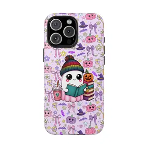 Spooky Cute kawaii Ghost Reading Book Lovers Book nerd Ghost Drinking Iced Coffee Pumpkin spice Coffee lovers Halloween School teacher student Librarian Halloween Bow Tough Phone Cases