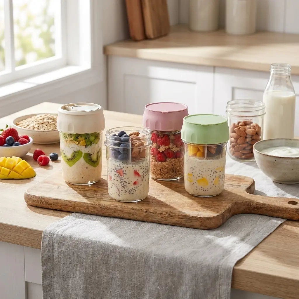16oz Stackable Leak-Proof Airtight Reusable Glass Storage Bottles & Jars with Lids - Gym Portable Meal Prep Containers with Folding Spoons, Divided Compartments for Fruit, Nuts - Home Organizer Set