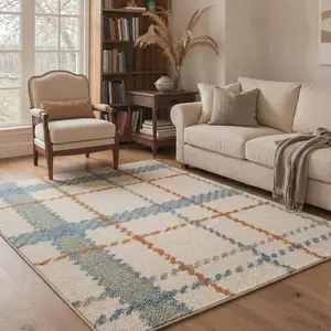 【Summervibes】GENIMO Area Rugs for Living Room Bedroom,Tartan Plaid Checkered Netural Modern Rug, Machine Washable Low Pile Non Slip Soft Crossweave Rugs for Dining Room Home Office, Blue Beige Check