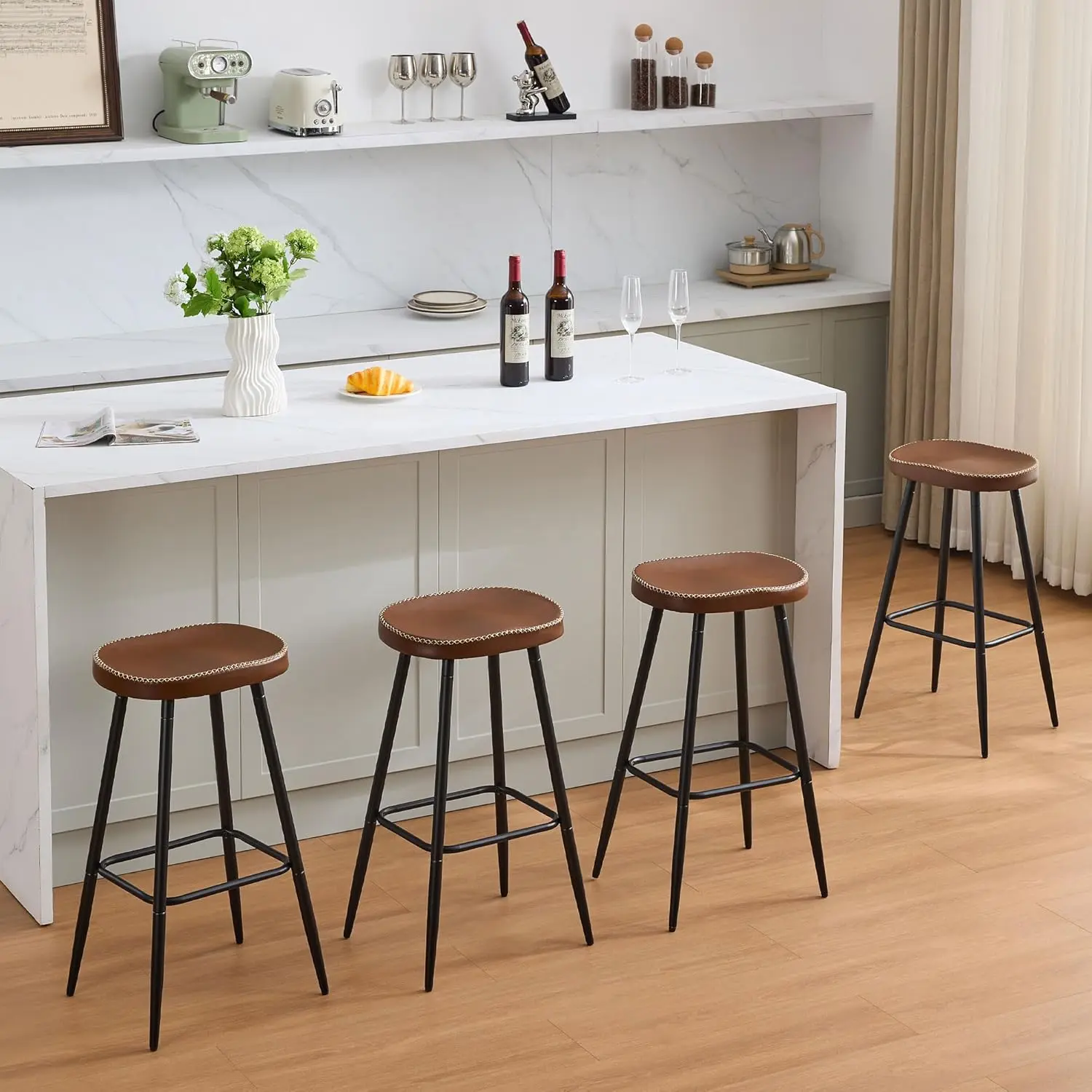 FIRAVOE Barstools Set Modern 24-28" Counter Height Backless Faux Leather Saddle Stools for Bar Kitchen Ergonomic Design Sturdy Metal Base Adjustable Foot Pads Space-saving Versatile Application Easy to Assemble Clean Modern Chairs Barstools Set