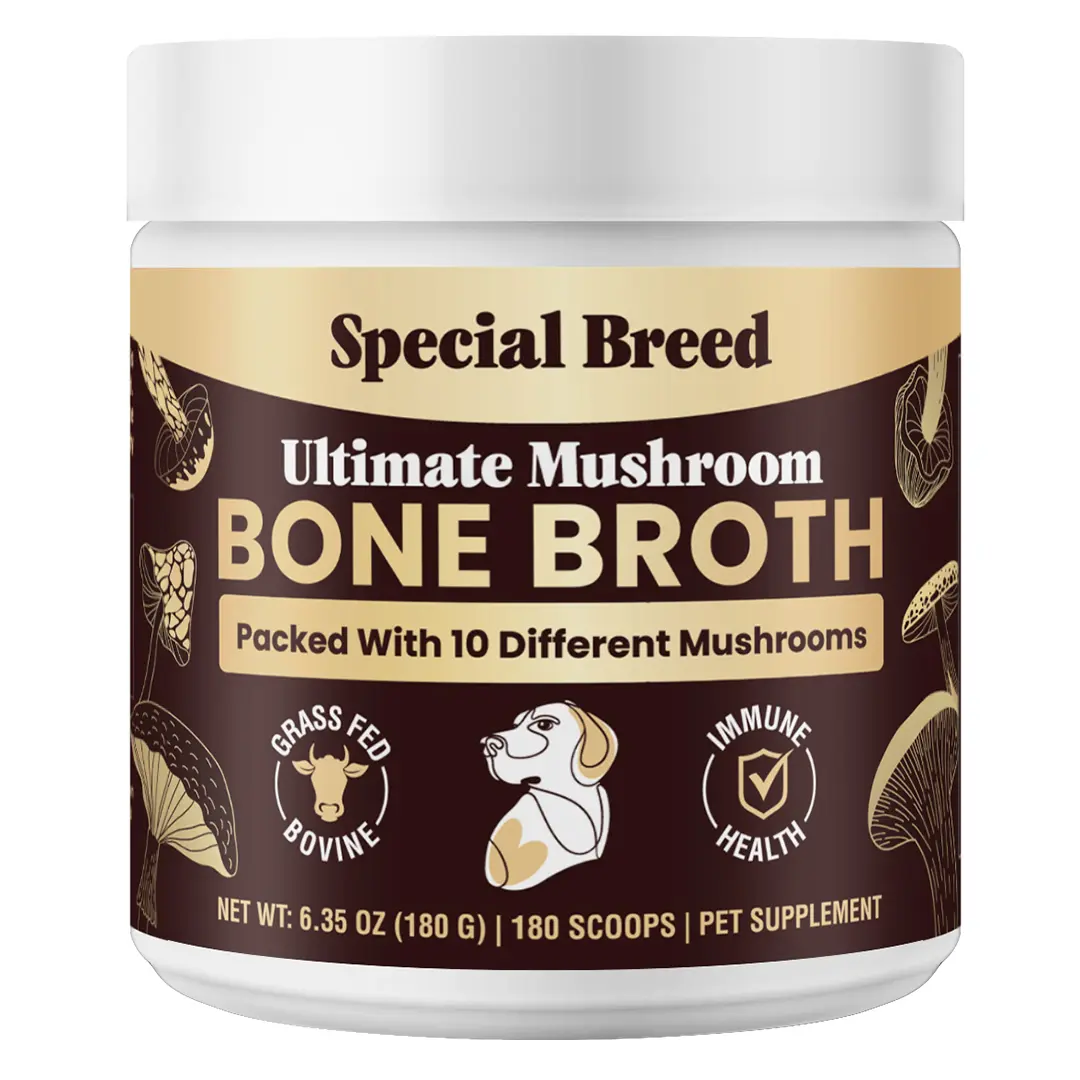 Beef Bone Broth for Dogs - Dog Bone Broth Powder with Ten Organic Mushrooms - High Protein + Ten Mushroom Supplement for Joint Flexibility, Immune Support, Cognition, Vitality, Hydration - 180 Scoops