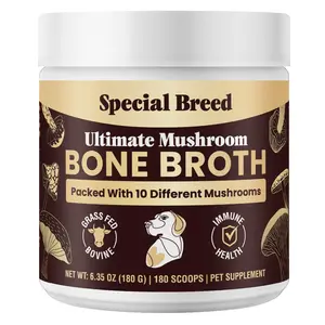 Beef Bone Broth for Dogs - Dog Bone Broth Powder with Ten Organic Mushrooms - High Protein + Ten Mushroom Supplement for Joint Flexibility, Immune Support, Cognition, Vitality, Hydration - 180 Scoops