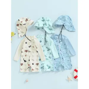 0-3years old Baby Boy Swimwear Set, Whale Print Long Sleeve Rash Guard Swimsuit Sun Hat Toddler Bathing Suit Outfit Multiple colors, 2-piece set