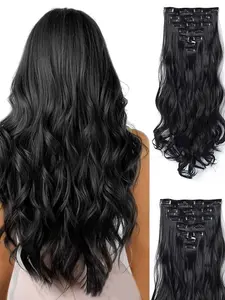 Women's Clip-In Synthetic Fiber Wig Set, 24 Inch Long Wave Design, 7 Piece Set, Mixed, Heat Resistant, 16 Clips, Daily Wear, Party, Holiday, Synthetic Wavy Hair