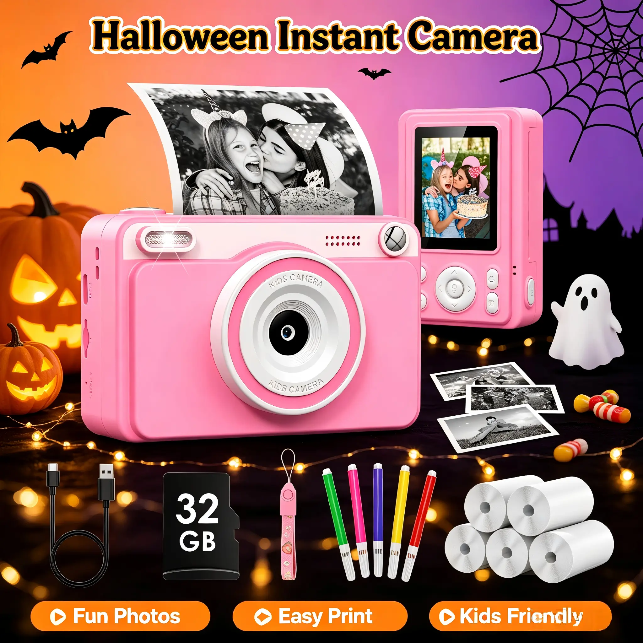 [Halloween Gifts]Plastic Kids Instant Digital Camera Printer - 1080P HD, Instant Cameras That Print Photos, 5-Roll Paper, 32GB Card, Kids Toys, Ideal Birthday Gifts for 10-12 Years Girls (Toys & Hobbies Device)