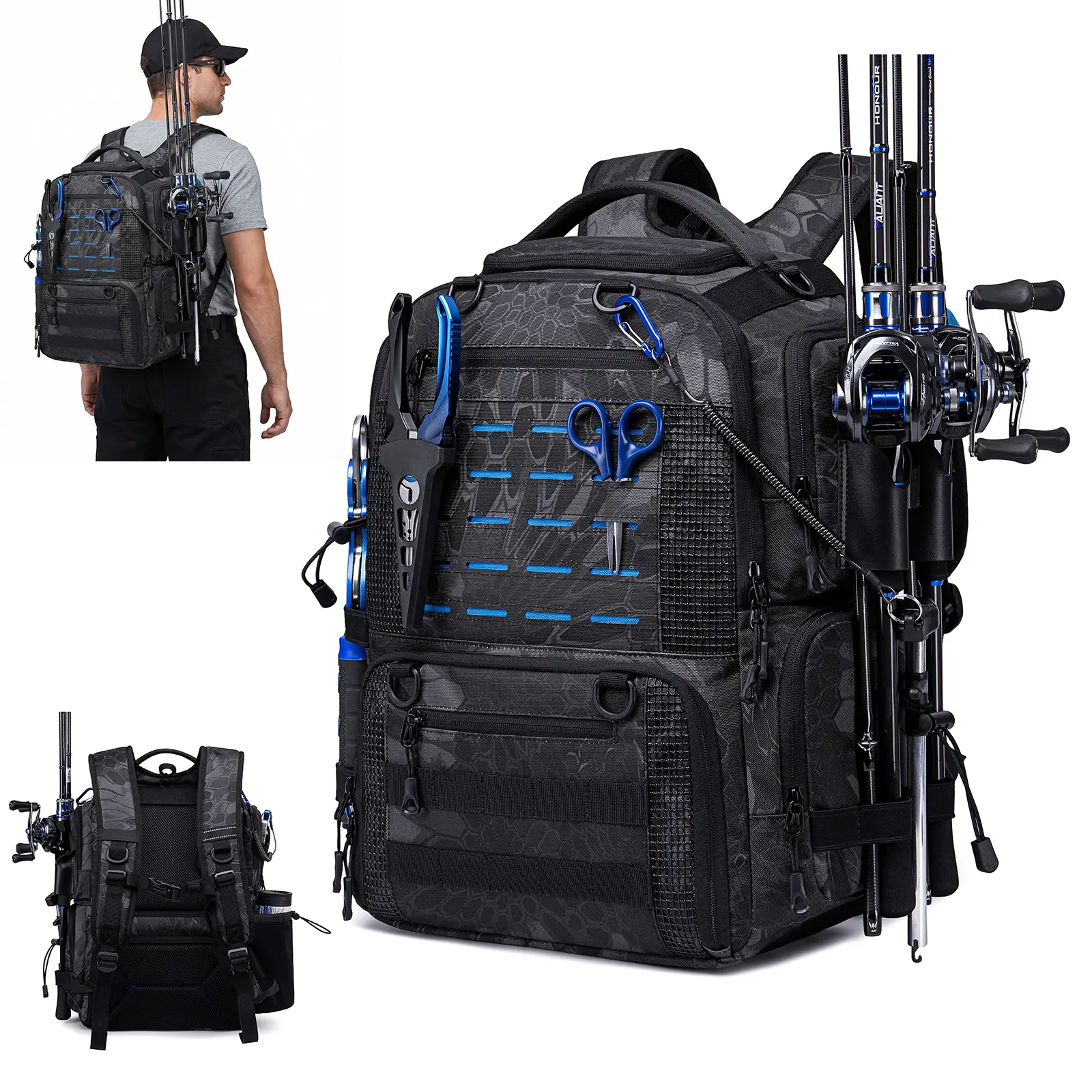 Waterproof 900D Fishing Backpack, Equipped with Lure Tackle Boxes, Rod Holders & Multi-Functional Tool Hanging Slots, Large Capacity Outdoor Saltwater & Lure Fishing Tackle Bag