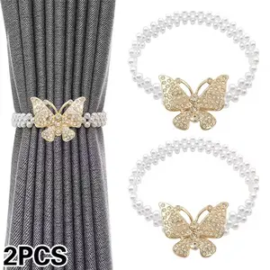 2pcs Elegant Butterfly Curtain Clips with Adjustable Elastic Strap, Design with Imitation Pearl and Crystal Decor, Perfect for Living Room and Bedroom, Interior Decoration Accessories