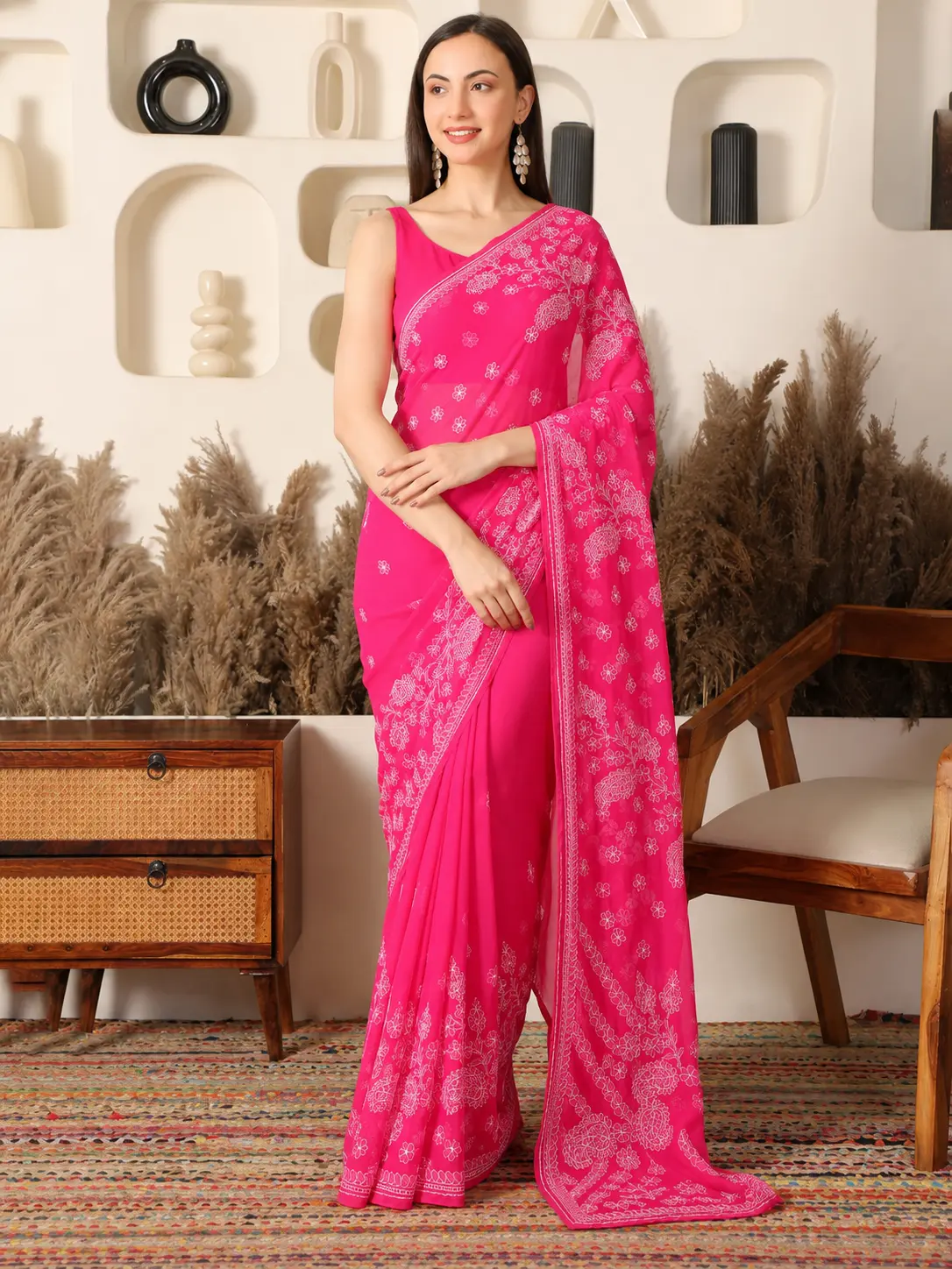 Fiza Georgette Pink Saree with Mukaish