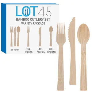 Lot45 Wooden Recyclable Utensils with Bonus Bamboo Travel Cutlery Sets - 360pc