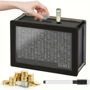Wooden Savings Box + Plan Pen Set, $10,000 Cash Saving Challenge, Reusable Household Budgeting Money Jar, Suitable for Adults & Teens