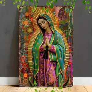 Our Lady of Guadalupe Wall Art, Colorful Floral Design Religious Decoration, UV Printing Waterproof Metal Sign, Room Decor, Indoor Religious Plaque with Drilling Hole, Ornaments, Religious Supplies