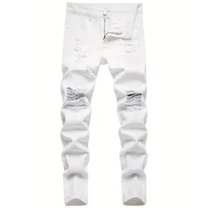 Boys' White Distressed Slim Straight Jeans - Mid-Waist Button Closure, Machine Washable, All-Season Casual Street Style Pants
