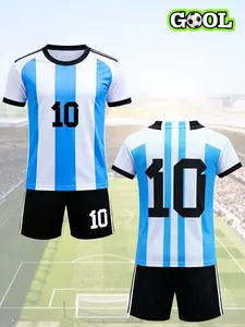 Boys' football sports suit, Soccer jersey, featuring a blue and white contrasting stripe design with a 'No. 10' logo, the classic style is suitable for football training and daily sports, Summer Sports Set