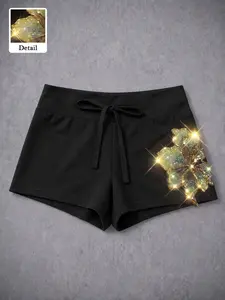 American Style Sequin Flower Embroidery Drawstring Waist Cycling Shorts, High-Waisted Elastic Slim Fit Sports Hot Pants, Casual Sporty Shorts, Casual Daily Wear