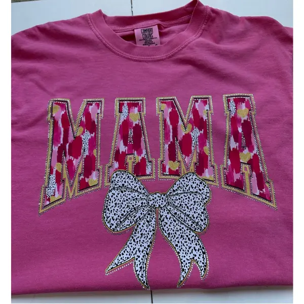 Pink Brush Painted Dalmatian Bow Rhinestone with Print Comfort color T-shirt, Women's Long Sleeve T-shirt Bling  Printed Tops