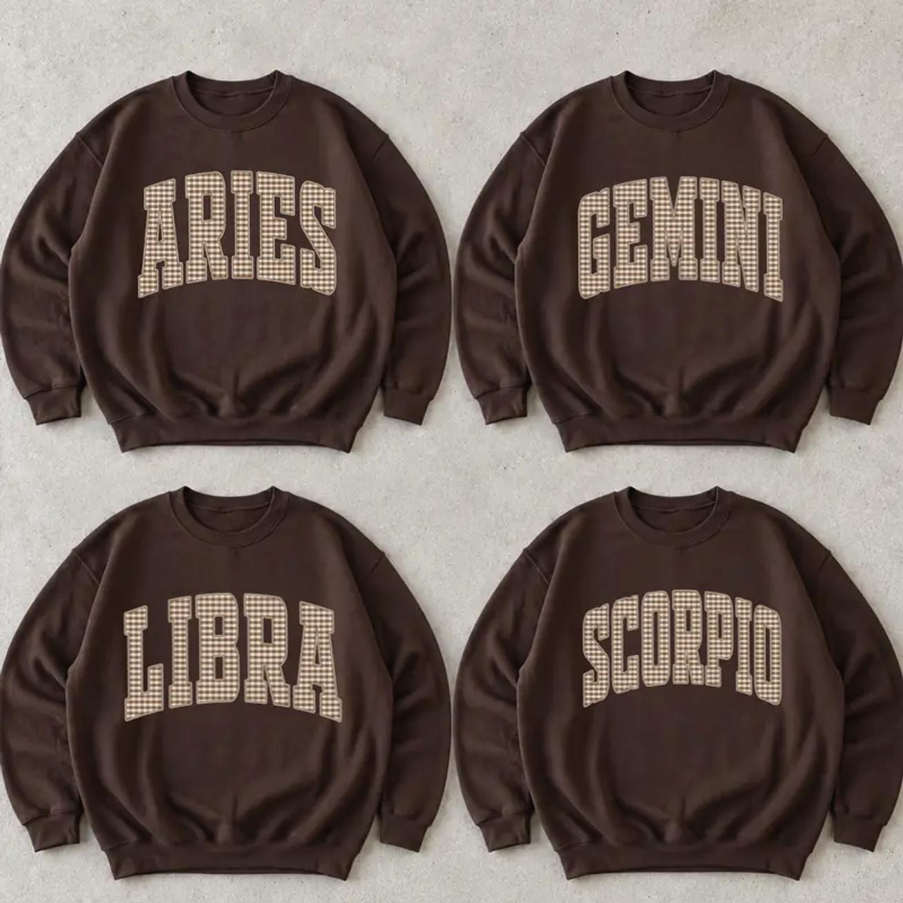 Custom Zodiac Plaid Letter Sweatshirt, Vintage Astrology Sign Crewneck, Personalized Horoscope Symbol Pullover, Retro Gingham Star Sign Top, Birthday Gift for Zodiac Lovers, Cozy Fall Unisex Apparel – Unisex Shirt
