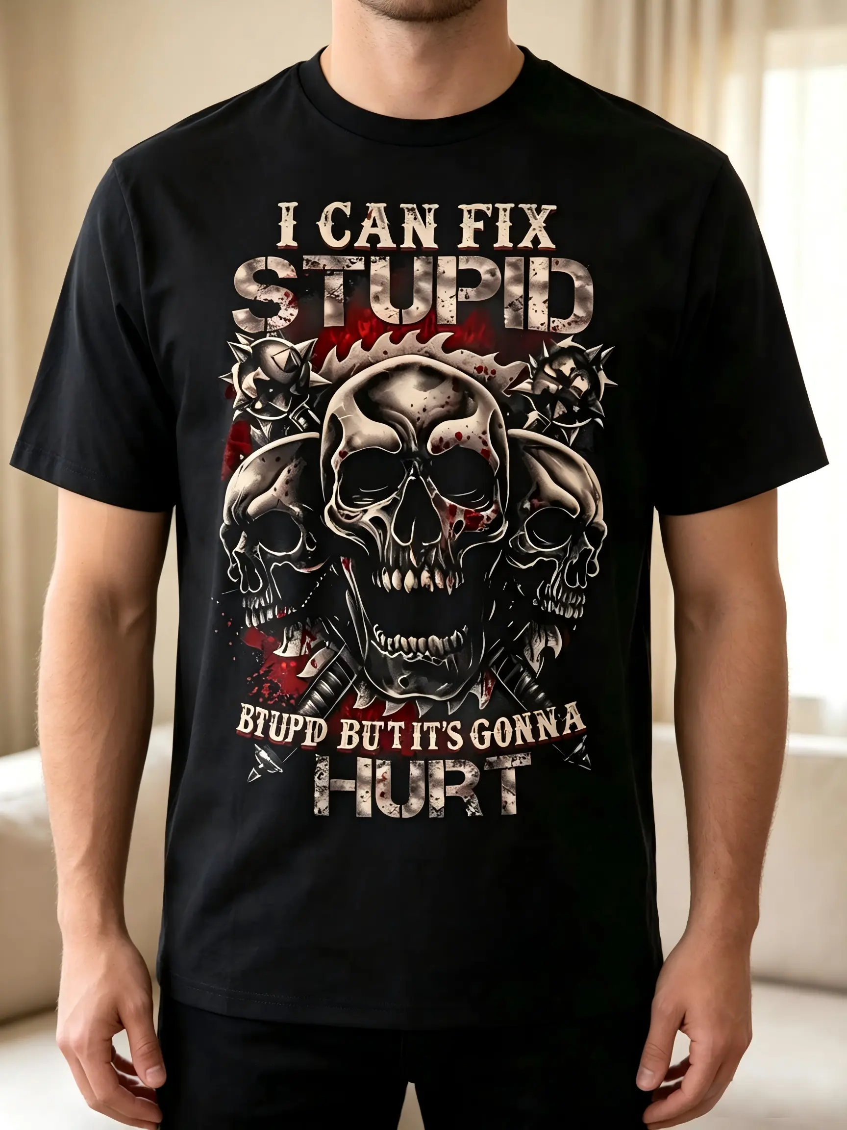 Men's Funny Graphic Cotton T-Shirt - Soft Short-Sleeve Round Neck Menswear Top with Skull Graphic Back Print, Plus Size, Flattering Cut, Tshirt, Sports, Funny Graphic Tee