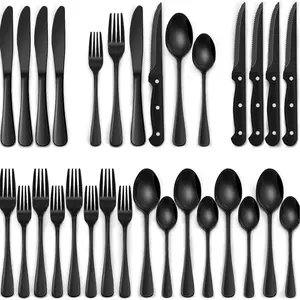 Black Silverware Set 24-Piece with Steak Knives, Food-Grade Stainless Steel Tableware for Home & Restaurant Use, BPA Free, Ideal for Dining