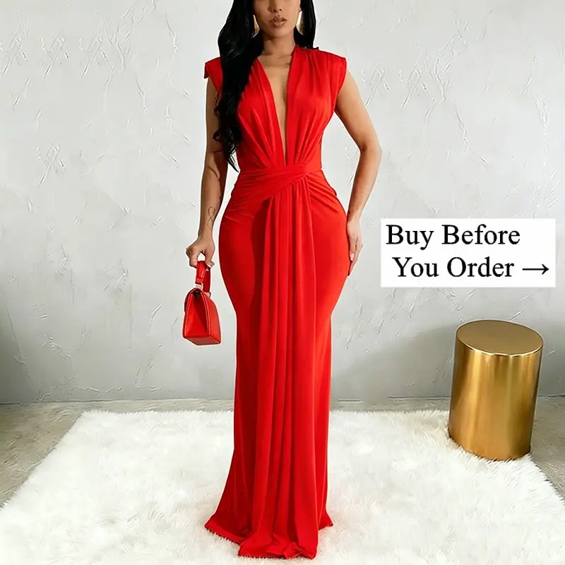 Elegant Bodycon Dresses Women Deep V Neck Sleeveless Slim Fit Maxi Dress Ruched Mermaid Soft Elastic Fabric Wrap Waist Comfort, birthday dress, summer dresses, prom dress, wedding guest dresses,red black white dresses evening Cocktail Formal  Feminine