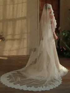 Aesthetic 3M Long Eyelash Lace Wedding Veil Cathedral Length High-End Sheer Tulle Bridal Mantilla Veil Trailing Veil for Wedding Photoshoot & Chapel Ceremony Female
