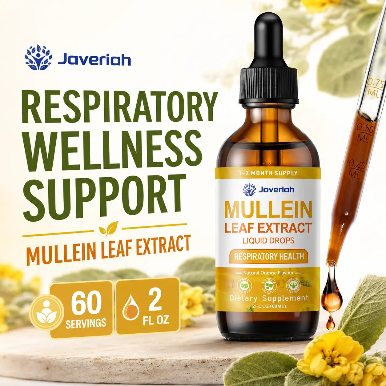 Javeriah Mullein Leaf Extract Drops - Natural Plant-Based Herbal Tincture for Adult Respiratory Wellness Support, Prop 65 Safe Single Bottle, 2 Fl Oz, 60 Servings, Edible, Dietary