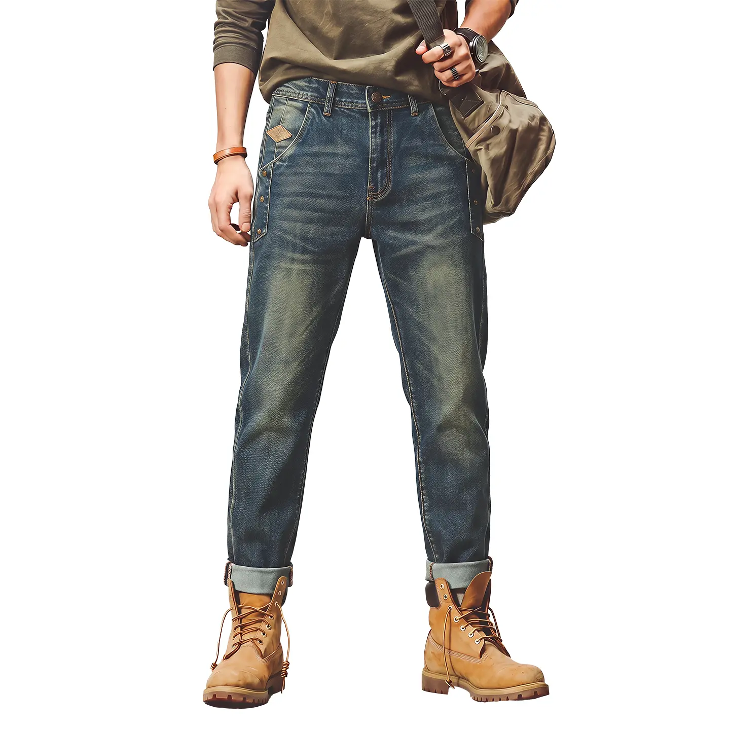 [P436] Men's Vintage Washed Workwear Jeans, Retro Distressed Loose Straight Fit Denim Pants
