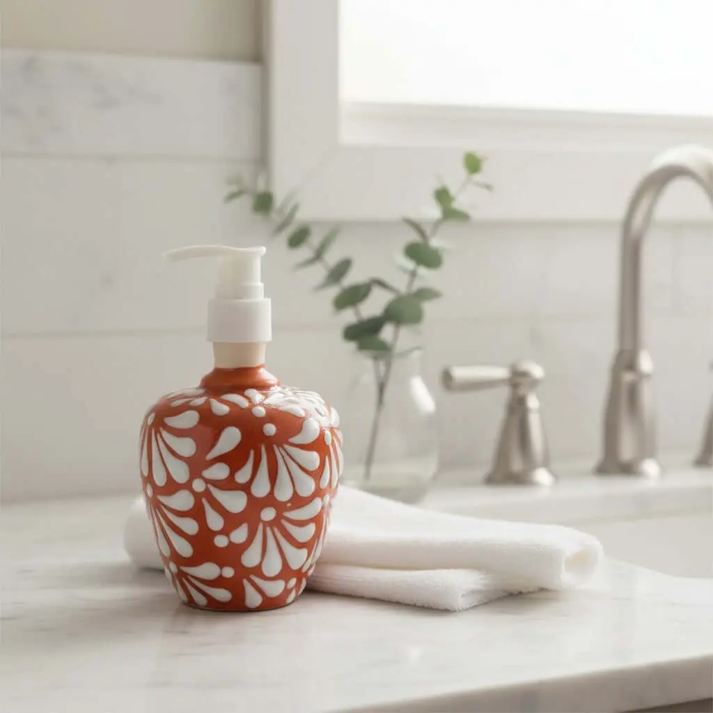 Talavera Soap Dispenser | Brown & White Floral Motif
