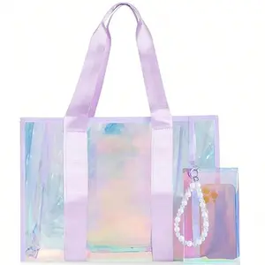 Emerald Tote - Transparent Bag with Purple Handles and Pearl Charm Accessory