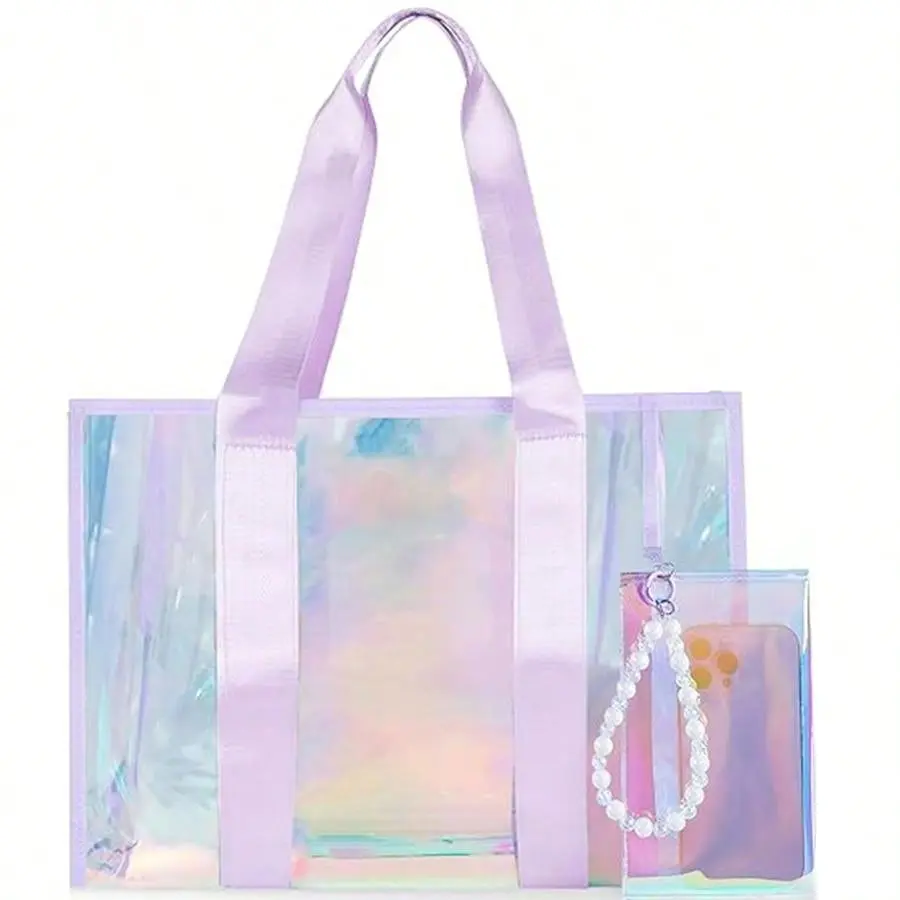 Emerald Tote - Transparent Bag with Purple Handles and Pearl Charm Accessory