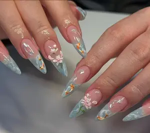 Koi Pond Press on Nails Luxury 3D Lotus Bloom Fish Swimming Handmade Nails Art Gif For Her
