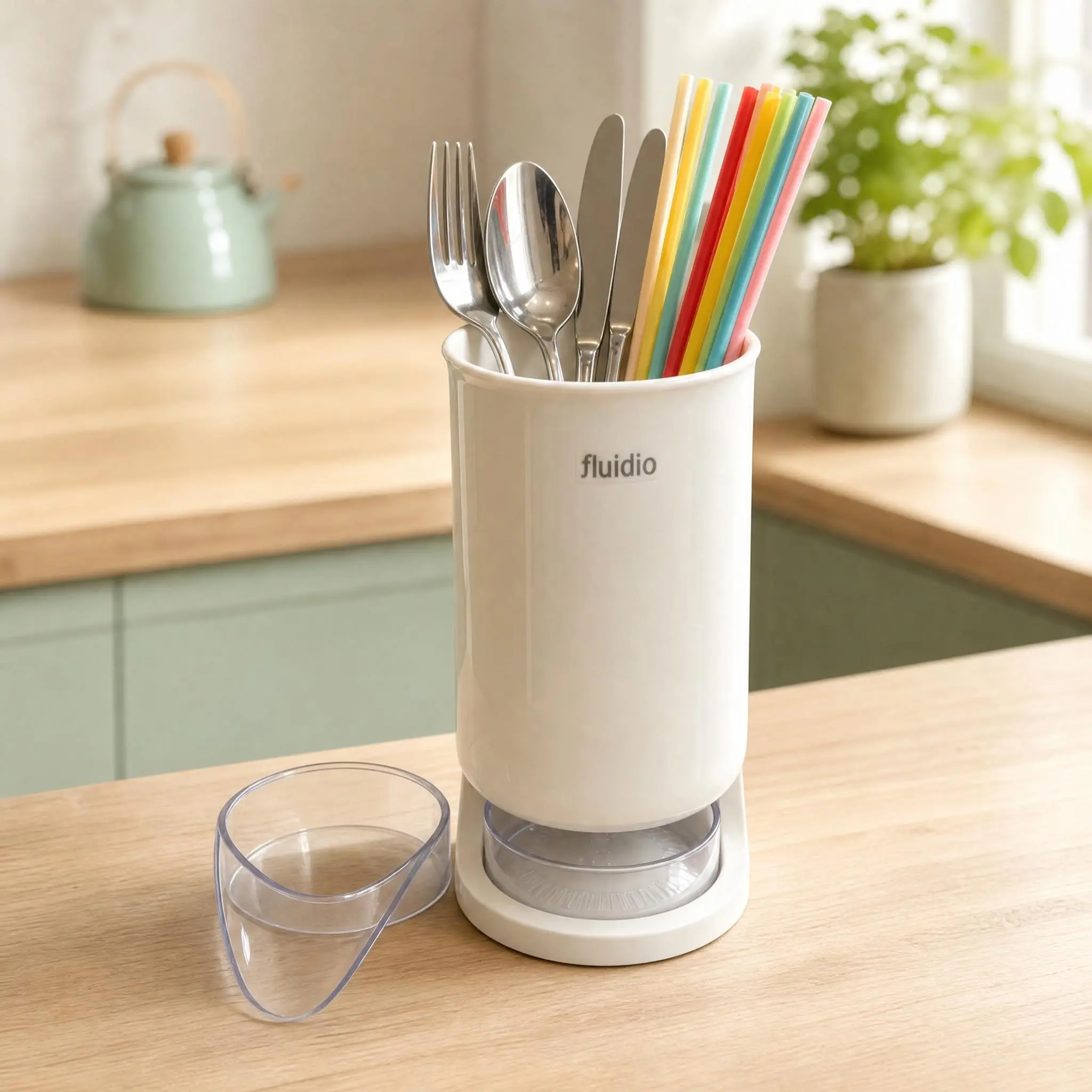 Fluidio Transparent Draining Kitchen Utensil Holder, Countertop Cutlery Organizer with Detachable Drain Tray, Storage Caddy for Knives, Forks, Spoons, Straws
