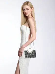 Elegant Feather Pattern Rhinestone Ring Handle Clutch, 2-Way Evening Bag for Weddings & Galas, Sparkly Crossbody Bag for Parties