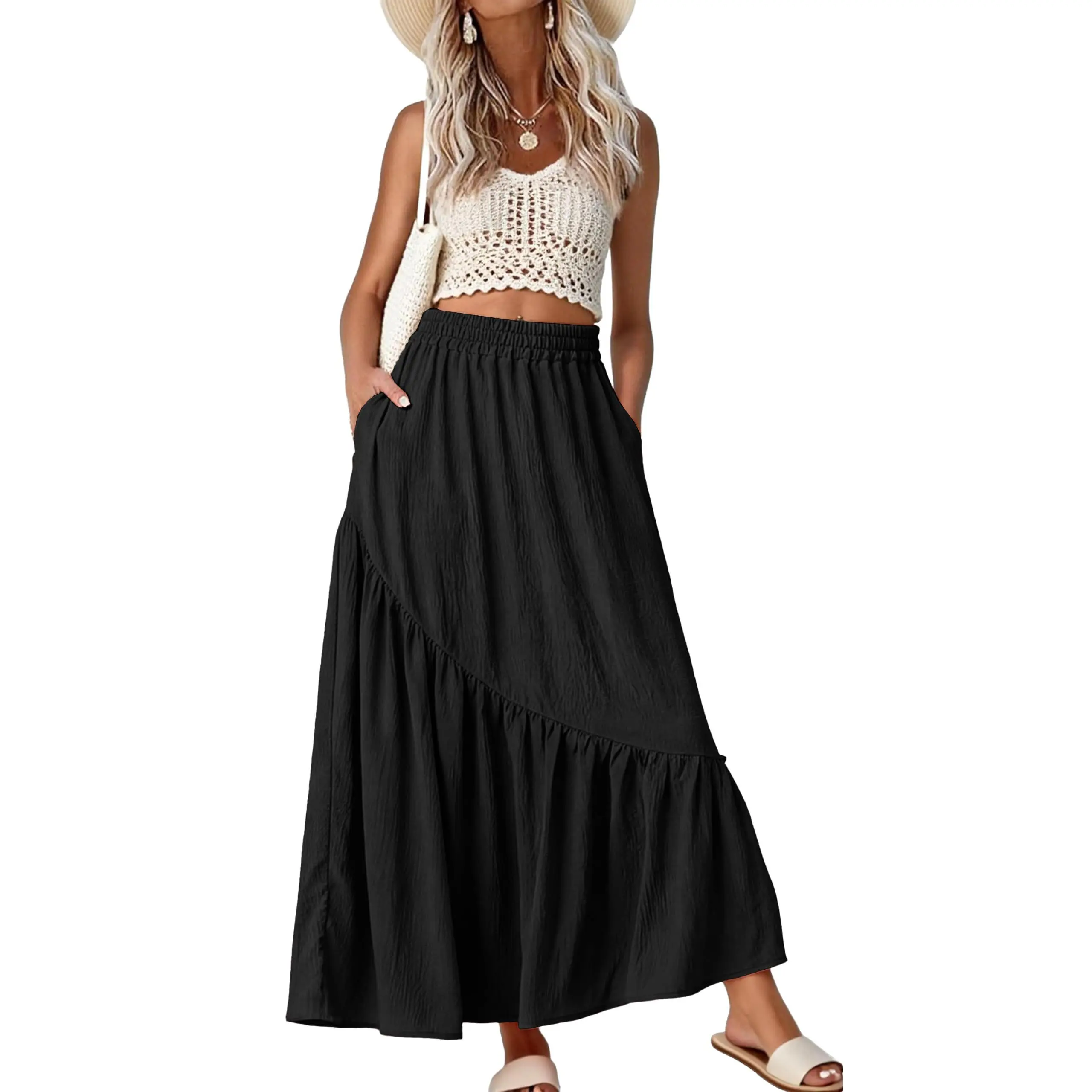 GRECERELLE Women's Boho Maxi Skirt High Waist Pleated A-Line Flowy Swing Asymmetric Tiered Long Skirts with Pockets