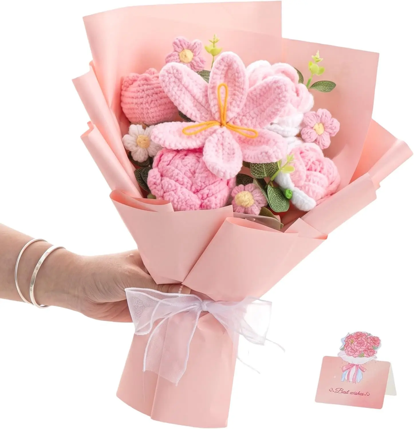 Gift for Woman,Crochet Flowers Bouquet Handmade Knitted Flowers Bag＆Card | Romantic,Lovely,Skin-friendly,Odor-Free,Realistic Bright Appearance,Exquisite Workmanship,Longer Lasting Than Fresh Flowers