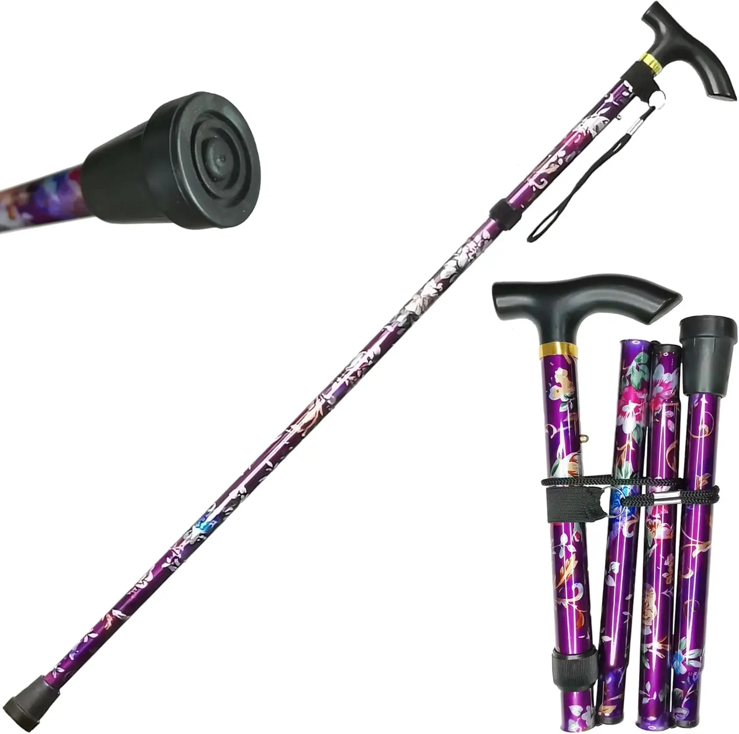 HALLOWEEN GIFT violet  Floral Folding Walking Cane for Men & Women – Lightweight Aluminum Walking Stick, 5-Level Adjustable Height, Collapsible with T-Handle, Wrist Strap & Non-Slip Base for Seniors & Adults