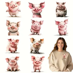 12pcs/set Funny Pig DIY Vinyl Transfer DTF Transfer Sticker Washable Hot Press Design Iron-on Decal for T-shirts, Masks, Jeans, Backpacks