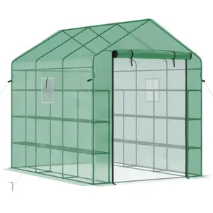 Outsunny 8' x 6' x 7' Walk-in Greenhouse, PE Cover, 4-Tier Shelves, Steel Frame Hot house, Roll-Up Zipper Door for Flowers, Vegetables, Saplings, Tropical Plants, White