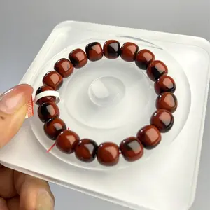 Unisex Red Brown Agate Barrel Bead Stretch Bracelet, 10.5 mm