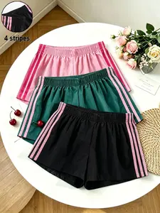 3-Pack Summer Multicolor Womenswear Casual Sporty Fashion Striped Solid Side Stripe Shorts, Elastic Waist Loose Fit Women's Short Pants for Daily Wear